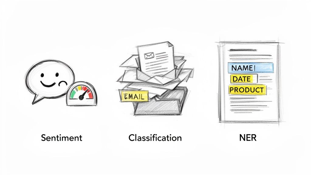 Illustrates three core natural language processing tasks: sentiment analysis, document classification, and named entity recognition.