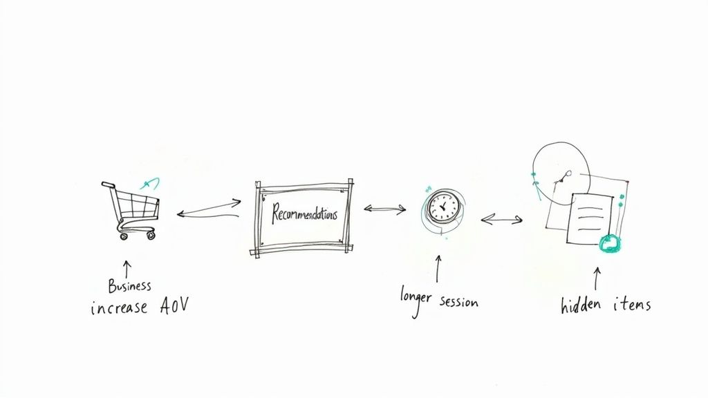 Diagrama que mostra o fluxo de um sistema de recomendação, ligando itens ocultos, duração da sessão e aumento de valor de negócio