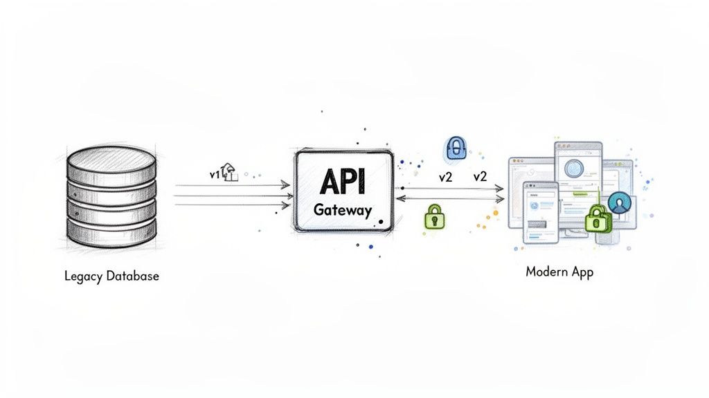 Diagrama ilustrativo que muestra la integración de una base de datos heredada con una aplicación moderna a través de un API Gateway.