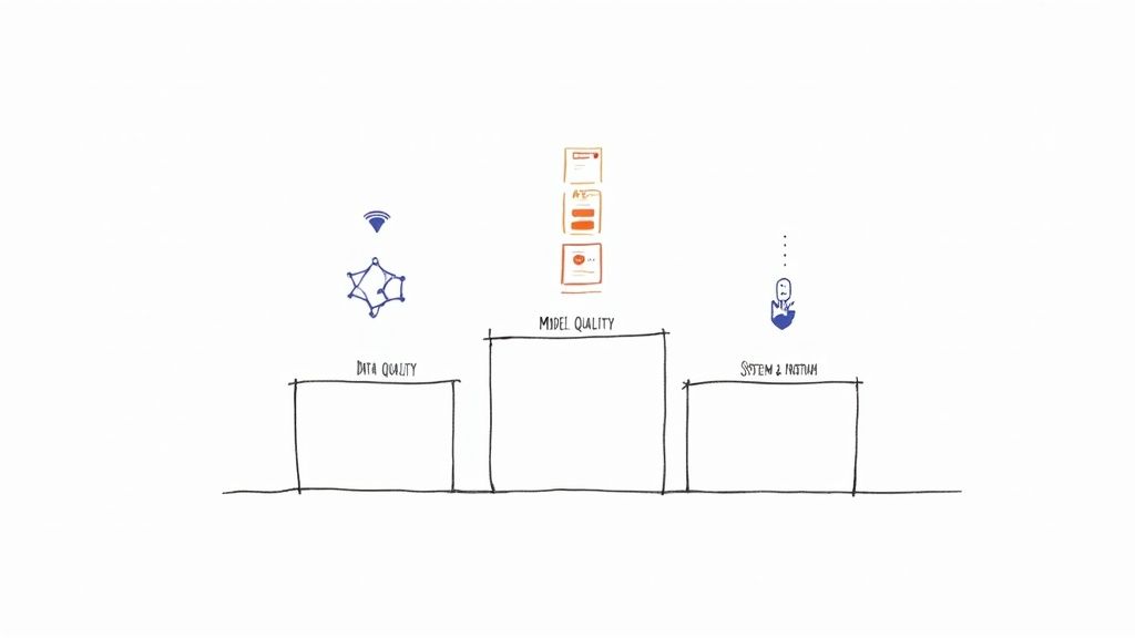 Three pillars diagram showing data quality, model quality, and system health components of AI quality assurance