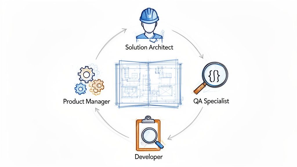 Diagram showing the enterprise software development lifecycle with key roles and a central blueprint.