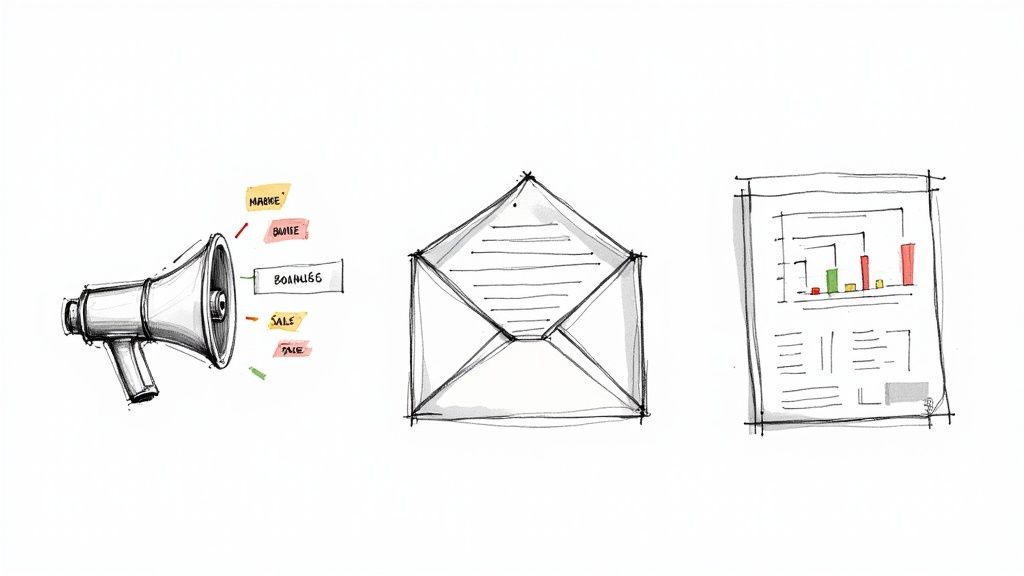 Hand-drawn icons depicting marketing communication with a megaphone, an open letter, and a business report.