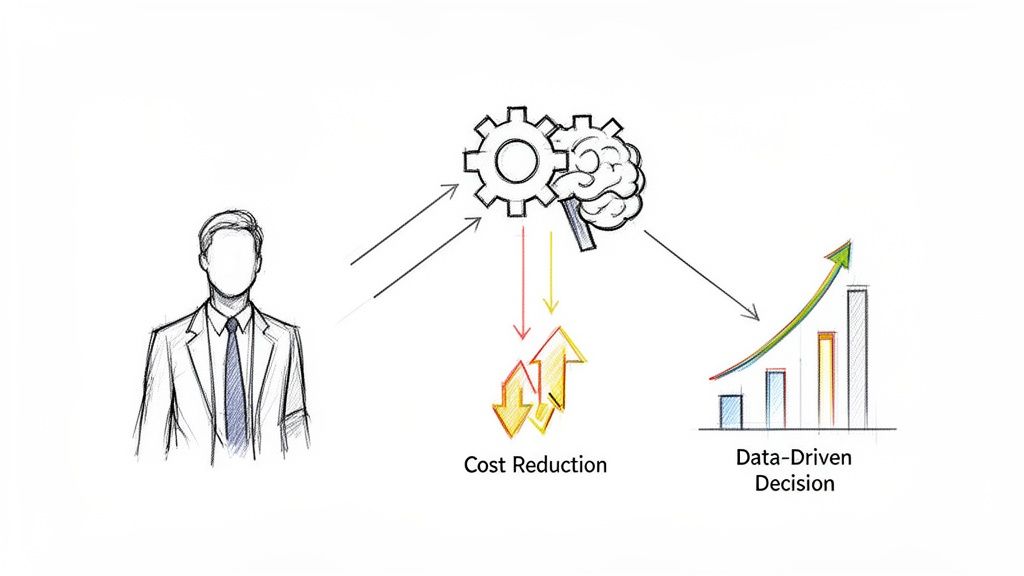 Diagram illustrating a person interacting with AI, leading to cost reduction and data-driven decisions.