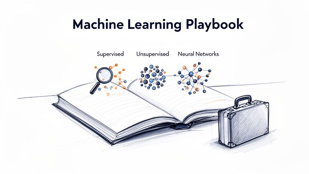 A sketch of an open book titled 'Machine Learning Playbook' illustrating supervised, unsupervised, and neural network concepts.