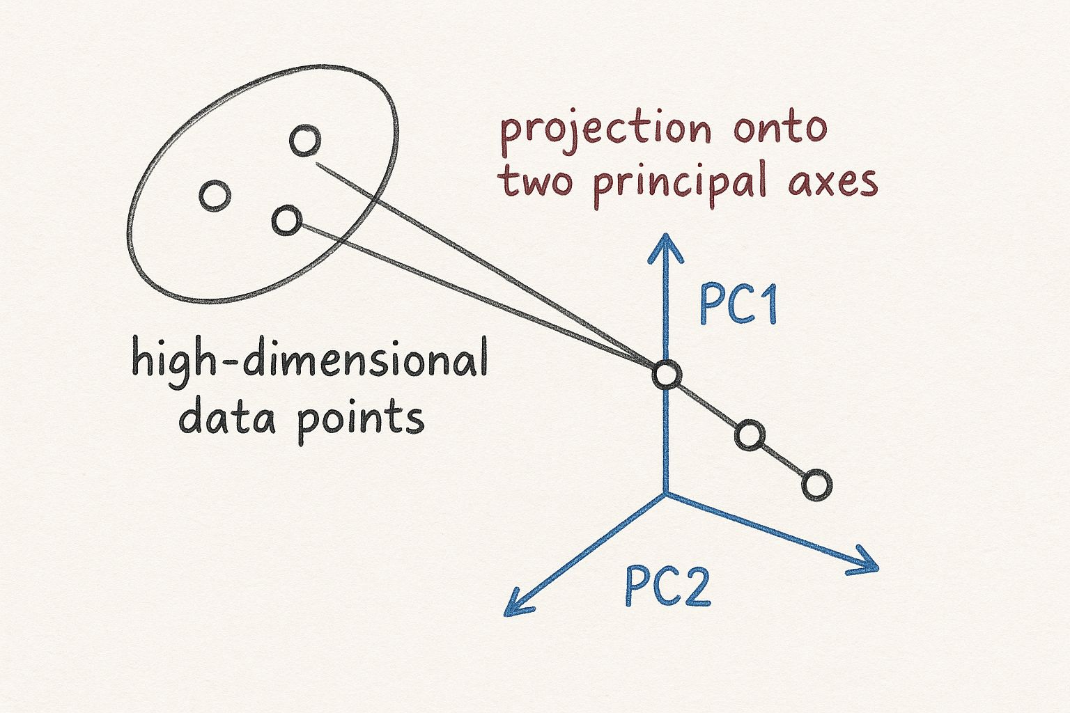 Diagrama que mostra pontos de dados dispersos a serem projetados em dois novos eixos, PC1 e PC2, mediante extração de características