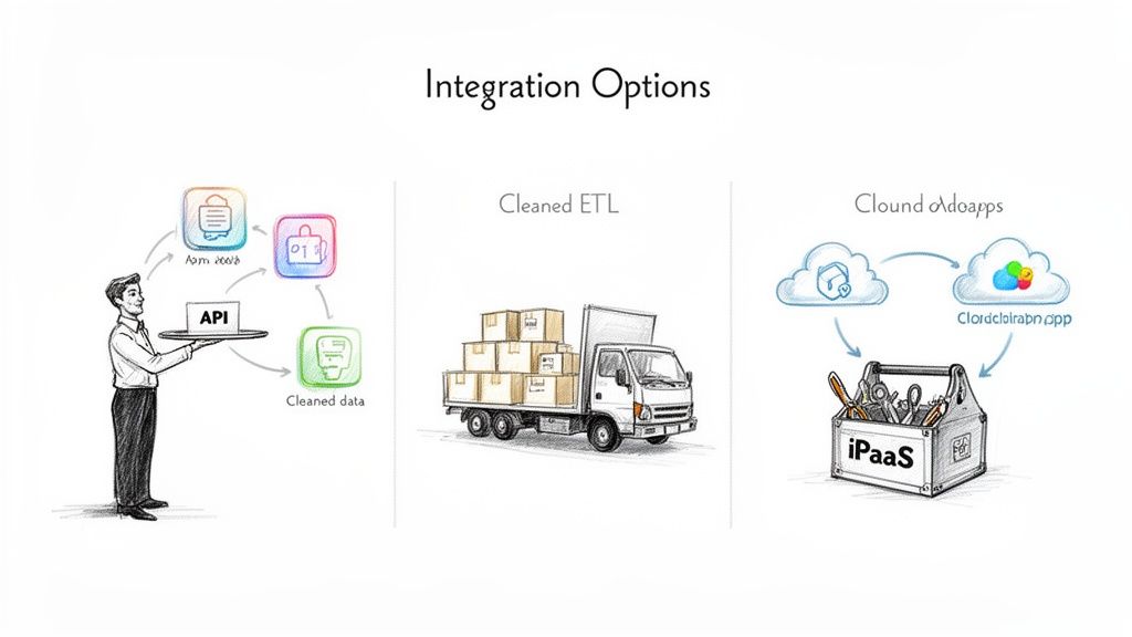 Representación visual de las opciones de integración de datos, incluyendo integración basada en API, ETL y iPaaS para aplicaciones en la nube.