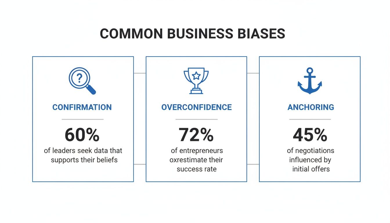 Infographic showing common business biases: confirmation, overconfidence, and anchoring, with statistics.