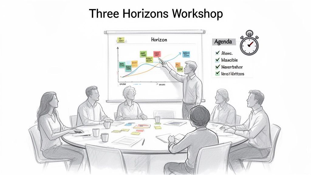 A workshop scene depicting a presenter explaining the Three Horizons Framework to a seated group.