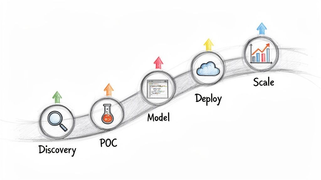 A data science project lifecycle diagram illustrating steps from discovery to scaling with icons.
