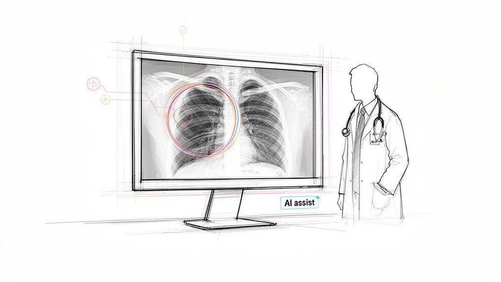 A sketch of a doctor reviewing a chest X-ray on a monitor with colorful AI-generated circles and 'AI assist' text.