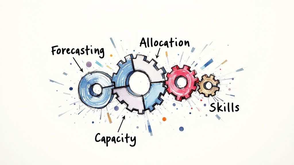 Quatro engrenagens com as etiquetas Forecasting, Allocation, Capacity e Skills, a trabalhar em conjunto.
