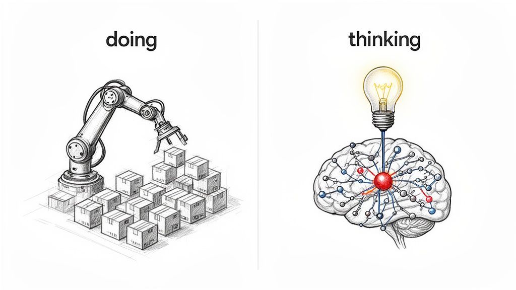 Illustration contrasting a robotic arm doing repetitive tasks with a brain thinking and generating ideas.