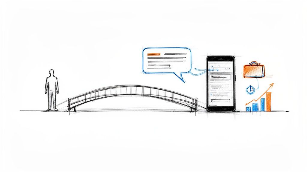 A conceptual sketch depicting a person connected to a smartphone and business concepts by a digital bridge.