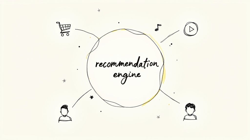 People interacting with various screens showing recommendations, illustrating business applications of collaborative filtering.