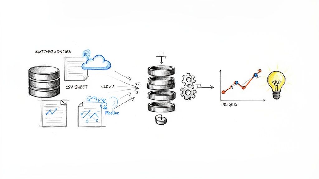 Un pipeline de procesamiento de datos visualiza cómo las fuentes de datos en bruto se transforman en información útil y en una idea brillante.