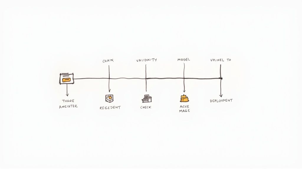 Diagrama que ilustra o pipeline de CI/CD em MLOps, com fases como commit de código, build, teste, validação de dados, treino do modelo, validação do modelo e implementação.