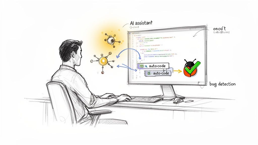 A developer uses an AI assistant on a computer for auto-coding and bug detection in software development.