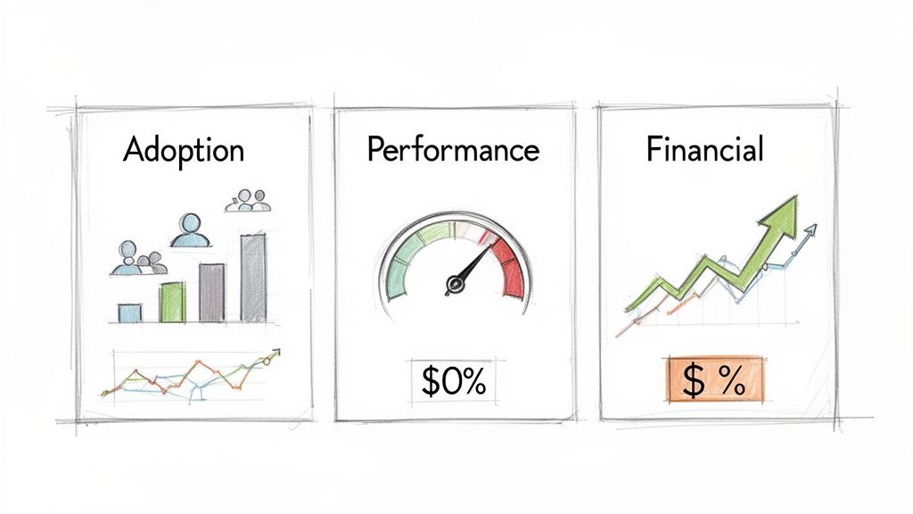 Representação visual de métricas de negócio: crescimento da adoção, fraco desempenho e forte crescimento financeiro.