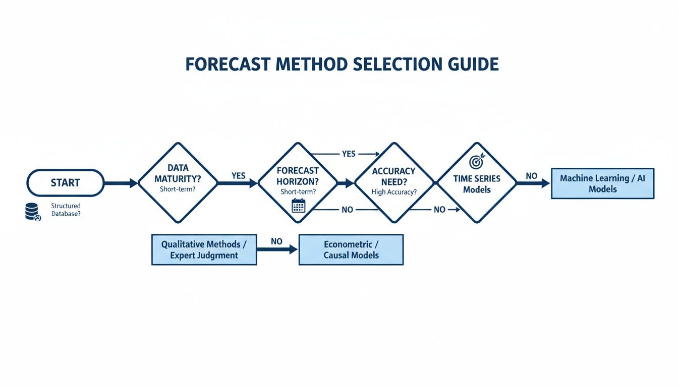 Flowchart illustrating a forecast method selection guide based on data maturity, forecast horizon, and accuracy needs.