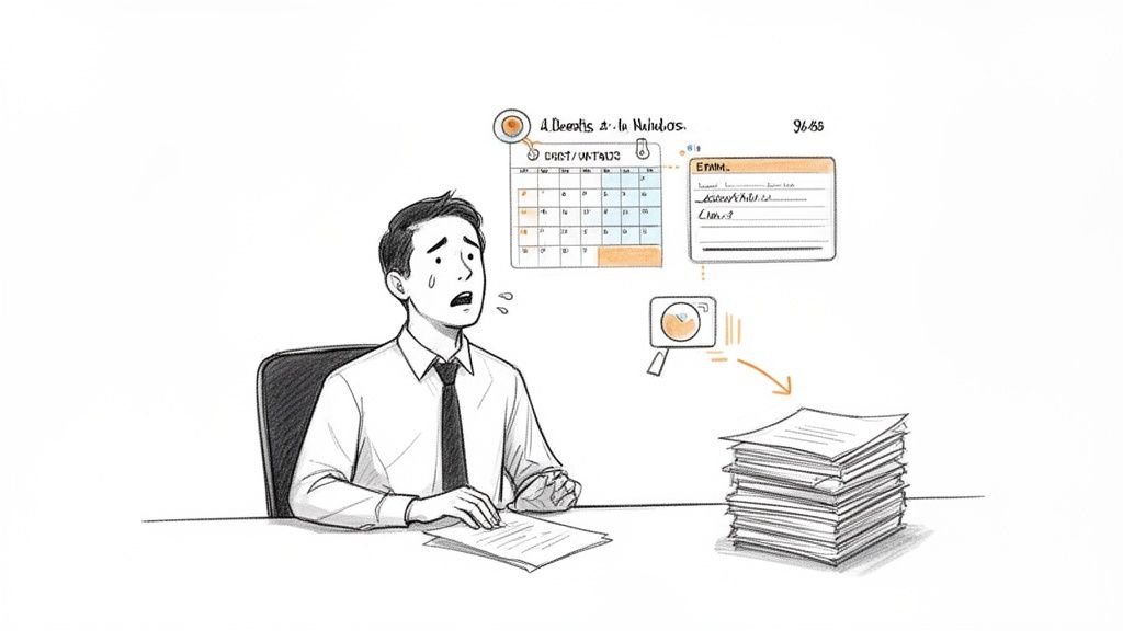 Worried man facing overwhelming workload with deadlines, documents, and a calendar on his desk.