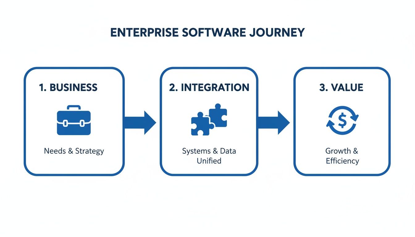 Flowchart outlining the enterprise software journey through Business, Integration, and Value stages for growth and efficiency.