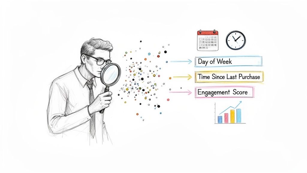 Man using magnifying glass to analyze data points, extracting features like day, time, and engagement.