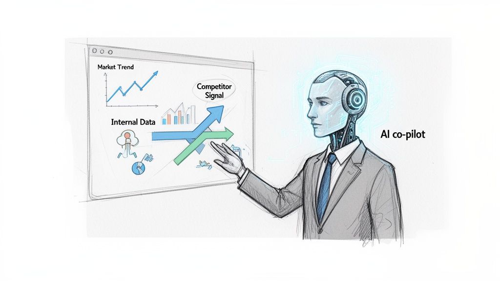 An AI co-pilot in a suit points to a screen displaying market trends, internal data, and competitor signals.