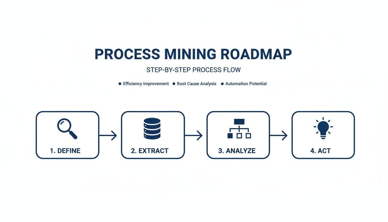 Infografía con una hoja de ruta de process mining que describe cuatro pasos: definir, extraer, analizar y actuar, con objetivos clave.