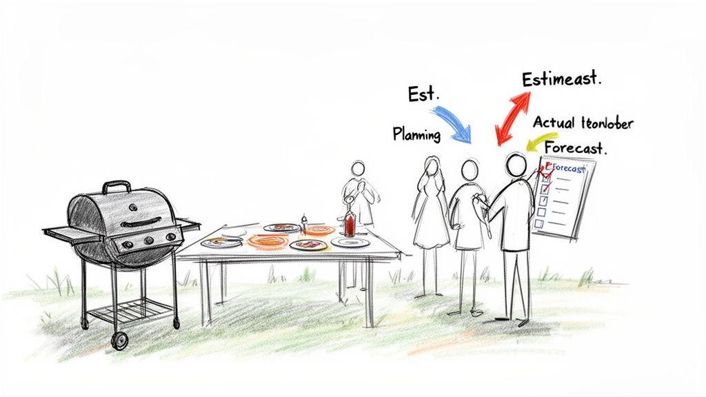 A sketch depicts people planning a barbecue, discussing estimates, planning, and forecasting business concepts.