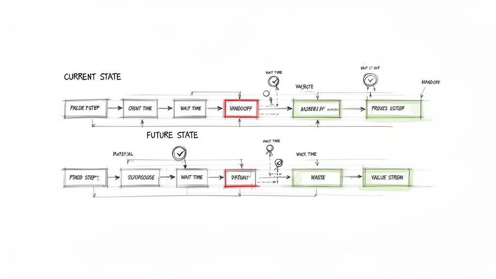 Hand-drawn diagram illustrating current vs future state business processes, showing steps, wait times, and value.