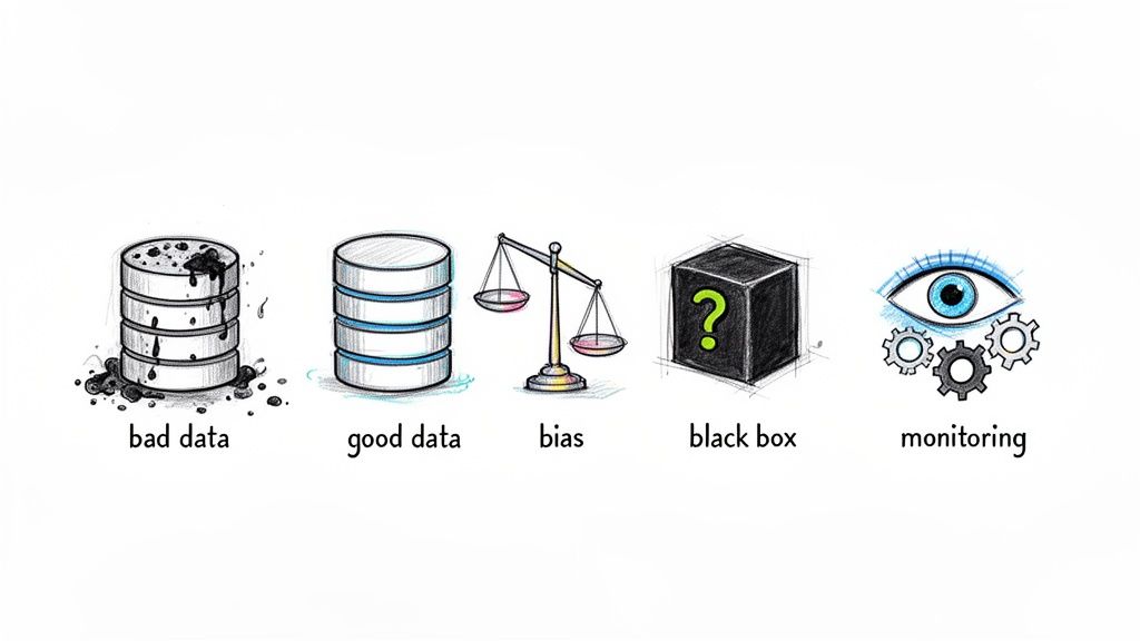 Ícones ilustrativos que representam dados de má qualidade, dados de boa qualidade, enviesamento, IA de caixa negra e monitorização em aprendizagem automática.