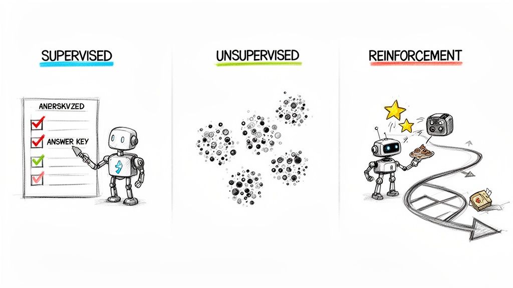 Ilustração dos três tipos de aprendizagem automática: Supervisionada (robô com folha de respostas), Não Supervisionada (agrupamentos de dados), Por Reforço (robô a receber recompensas).