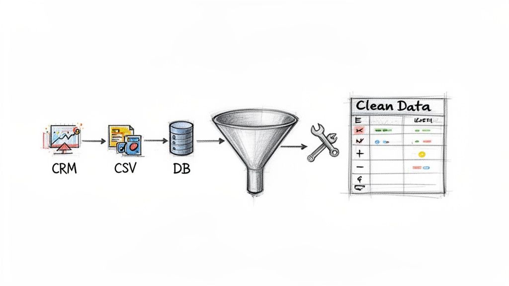 Diagrama que ilustra dados a fluir de um CRM, CSV e base de dados através de um funil de limpeza, resultando em dados limpos.