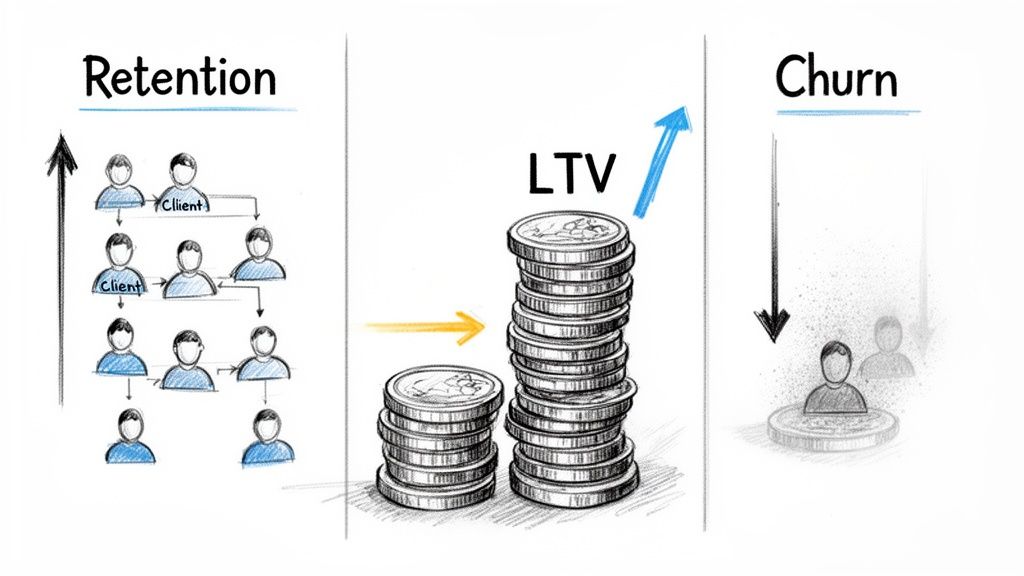 Diagram illustrating customer retention leading to increased LTV, contrasting with customer churn.