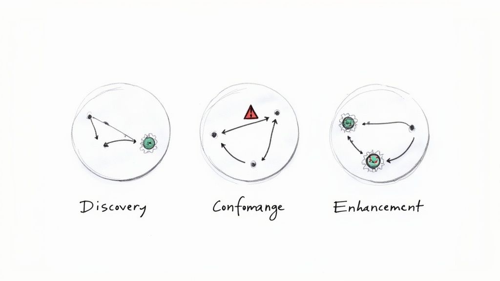 Tres diagramas circulares ilustran las fases del process mining: descubrimiento, comprobación de conformidad y mejora.