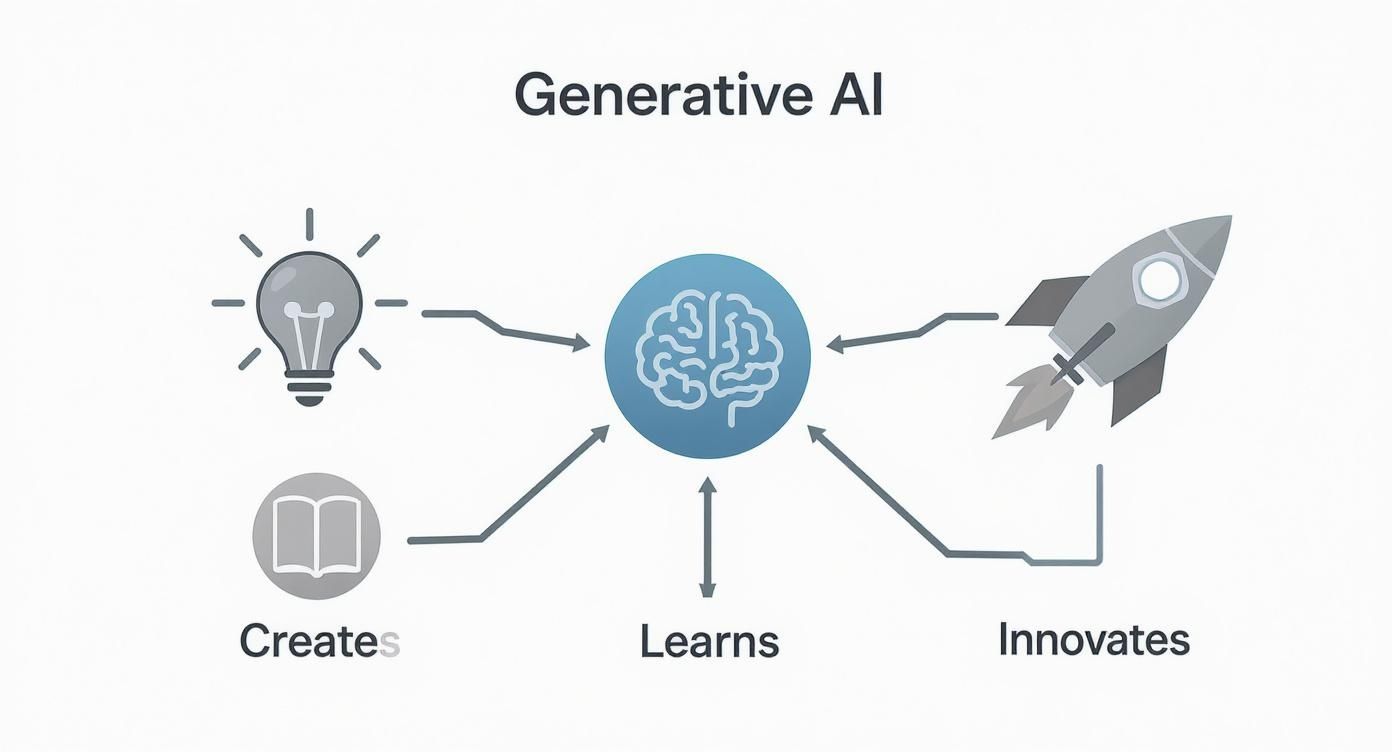 Diagram explaining Generative AI: it learns from knowledge, creates ideas with a lightbulb, and innovates with a rocket.