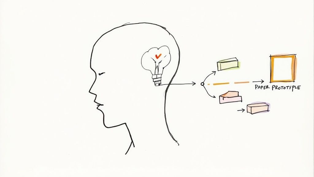 Illustration of an idea in a human head, developing through various forms into a paper prototype.