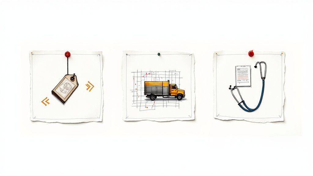 Three white papers pinned to a wall, showing a price tag, a delivery truck, and a stethoscope with a calendar.