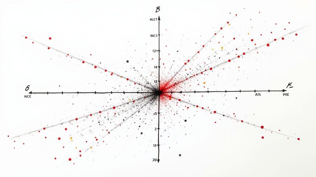 Infográfico que ilustra o funcionamento das Support Vector Machines (SVM) na análise de sentimentos, separando pontos de dados com um hiperplano.