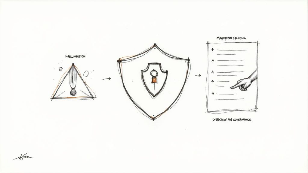 Diagram showing AI hallucination, protected by a shield, leading to managing sources and governance.