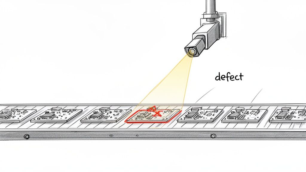 A computer vision camera inspects circuit boards on a conveyor belt, highlighting a detected defect.
