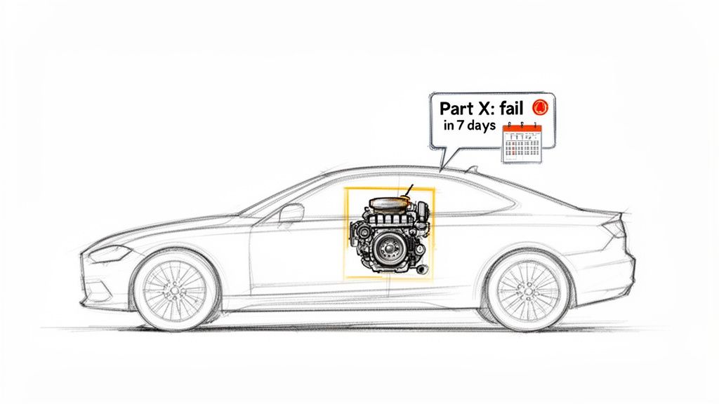 A car sketch with a highlighted engine predicting 'Part X: fail in 7 days' for maintenance.