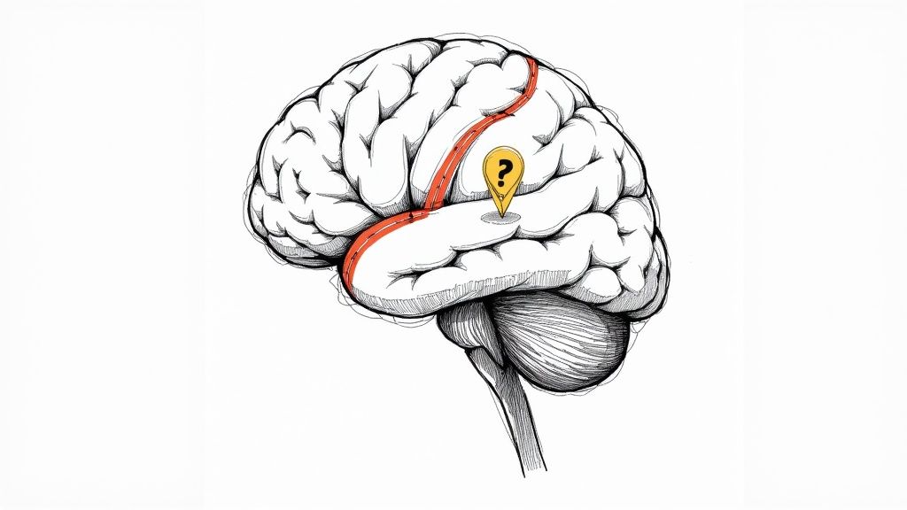 Conceptual drawing of a human brain with a red path leading to a question mark map pin.