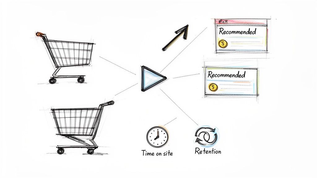 Diagrama que mostra um botão de reprodução a influenciar carrinhos de compras, produtos recomendados, tempo no site e retenção.