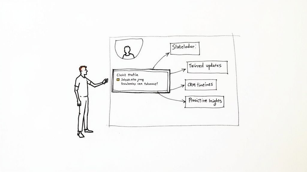 Un consultor presentando un panel de datos personalizado a un cliente