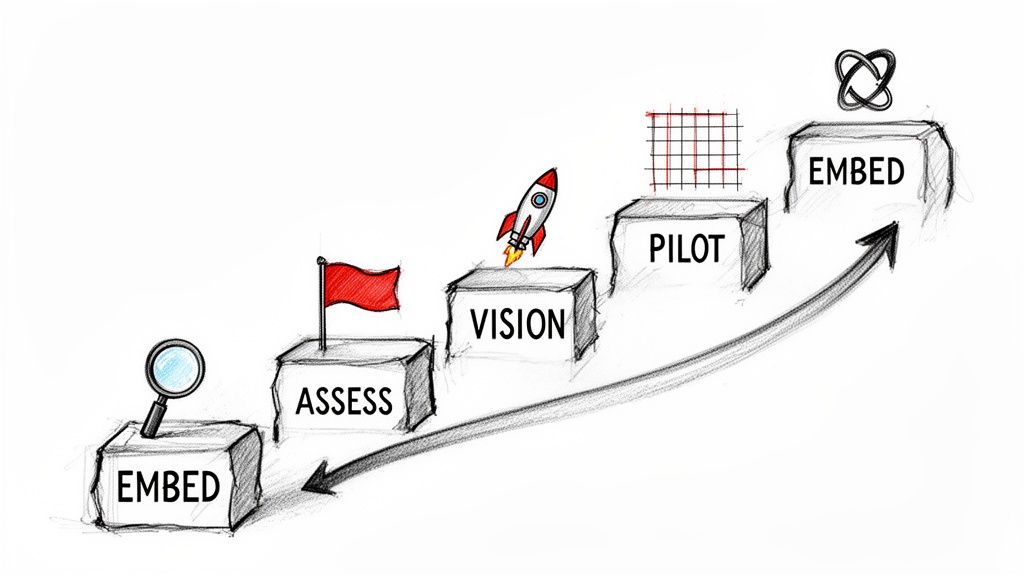 Diagrama desenhado à mão com cinco etapas de desenvolvimento de uma estrutura de excelência operacional: Incorporar, Avaliar, Visão, Piloto, Incorporar.
