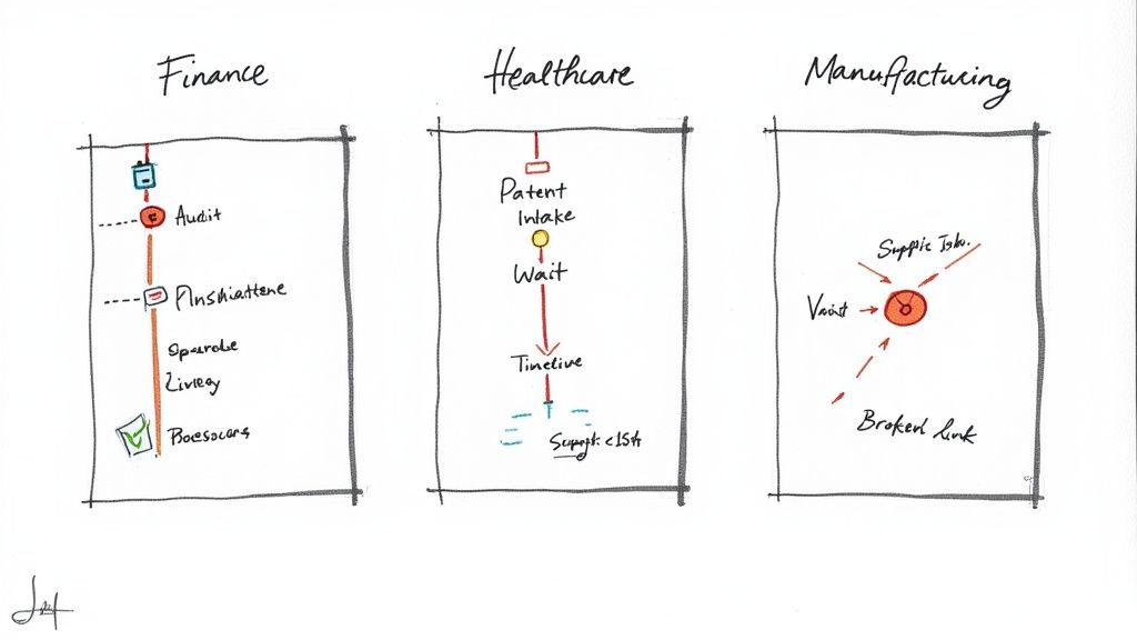 Diagramas dibujados a mano ilustran flujos de proceso distintos para finanzas, sanidad y fabricación, mostrando diferentes etapas operativas.