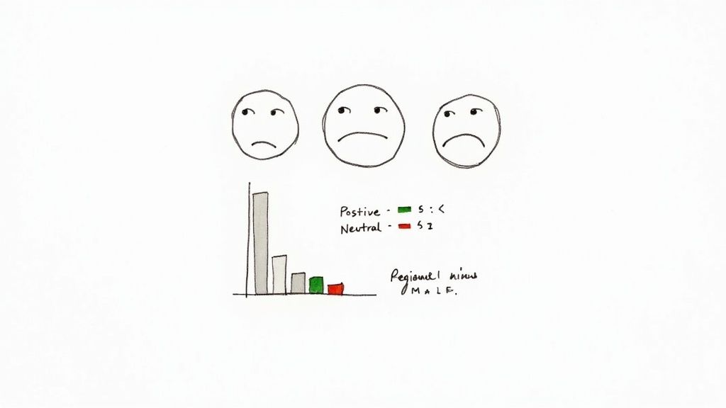Caras dibujadas a mano y un gráfico de barras que ilustran la distribución de datos en un análisis de sentimientos.