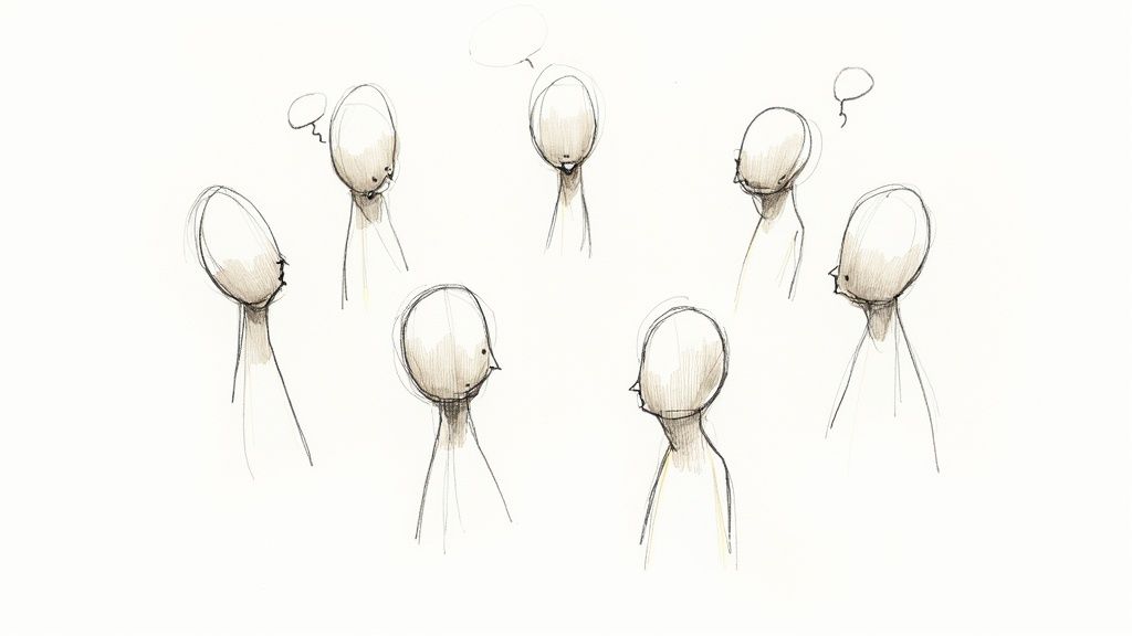 Hand-drawn sketch of multiple faceless figures with thought bubbles, engaged in contemplation or dialogue.