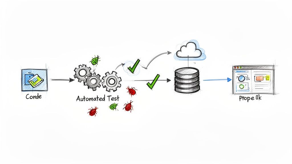 Diagrama que mostra o ciclo de vida do desenvolvimento de software com código, testes automatizados, erros, verificações bem-sucedidas, base de dados e implementação em produção.